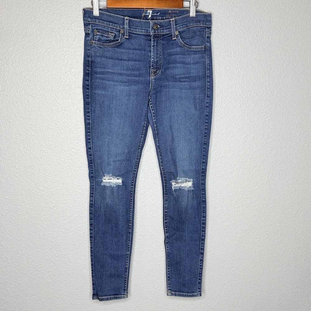7‎ For All Mankind The Ankle Skinny Jeans 30 Distressed Stretch Denim Blue USA